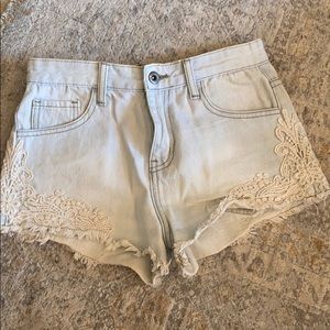 Light Wash Denim Shorts with Crochet Detail